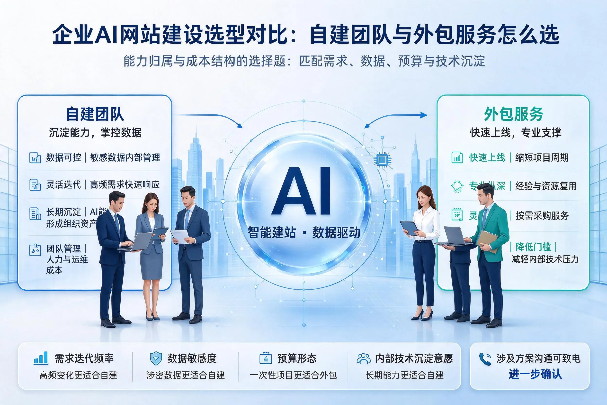 北海企业AI网站建设选型对比：自建团队与外包服务怎么选